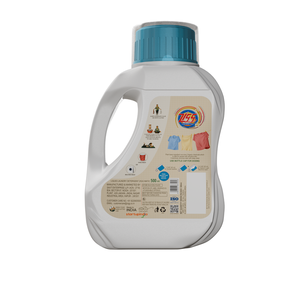 Zigg Liquid Detergent For Top Load & Front Load 500 Ml | - Non-Toxic | Plant-Based | Tough Stain Removal | Natural Ingredients | Helps Product Fabric Life | Eco Friendly | Gentle on Fabrics