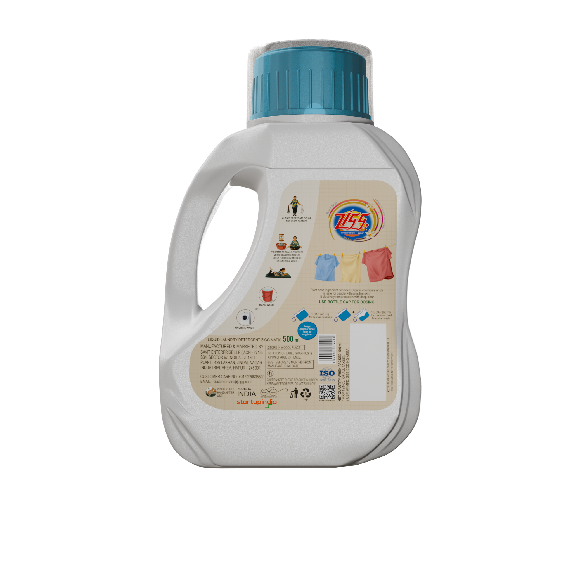 Zigg Liquid Detergent For Top Load & Front Load 500 Ml | - Non-Toxic | Plant-Based | Tough Stain Removal | Natural Ingredients | Helps Product Fabric Life | Eco Friendly | Gentle on Fabrics