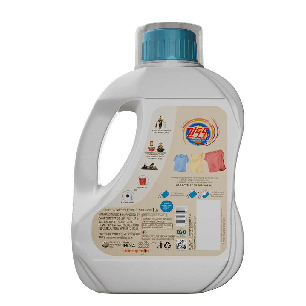 Zigg Liquid Detergent For Top Load & Front Load 1 Litre | - Non-Toxic | Plant-Based | Tough Stain Removal | Natural Ingredients | Helps Product Fabric Life | Eco Friendly | Gentle on Fabrics