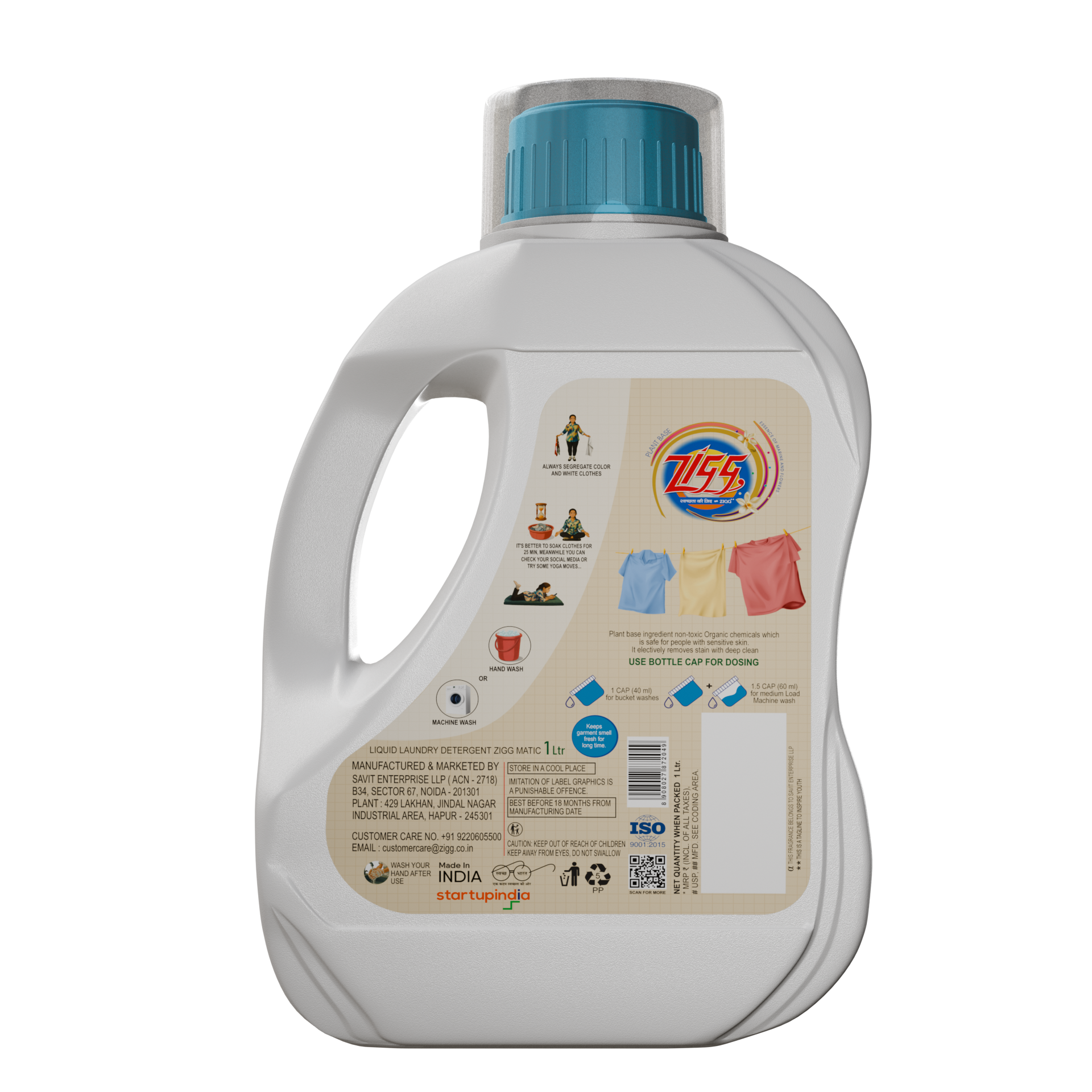 Zigg Liquid Detergent For Top Load & Front Load 1 Litre | - Non-Toxic | Plant-Based | Tough Stain Removal | Natural Ingredients | Helps Product Fabric Life | Eco Friendly | Gentle on Fabrics