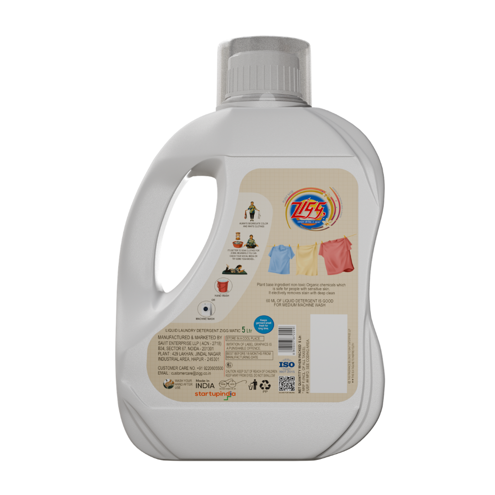 Zigg Liquid Detergent For Top Load & Front Load 5 Litre | - Non-Toxic | Plant-Based